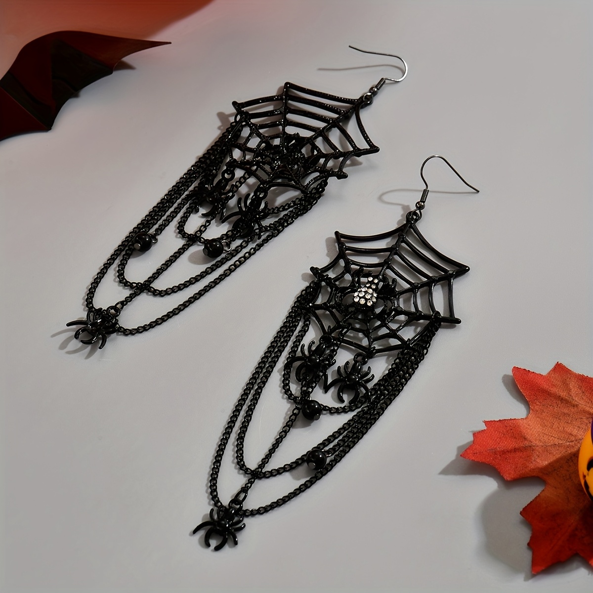 Spiderweb Rhinestone Drop Chain Earrings for Halloween